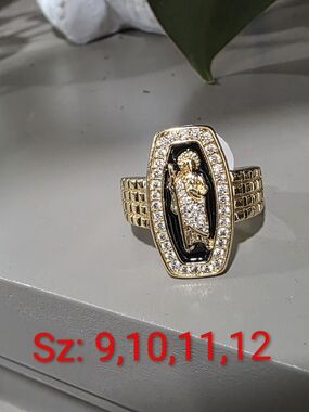 14k Gold-Plated Black Enamel Saint Medallion Ring with Clear Stones